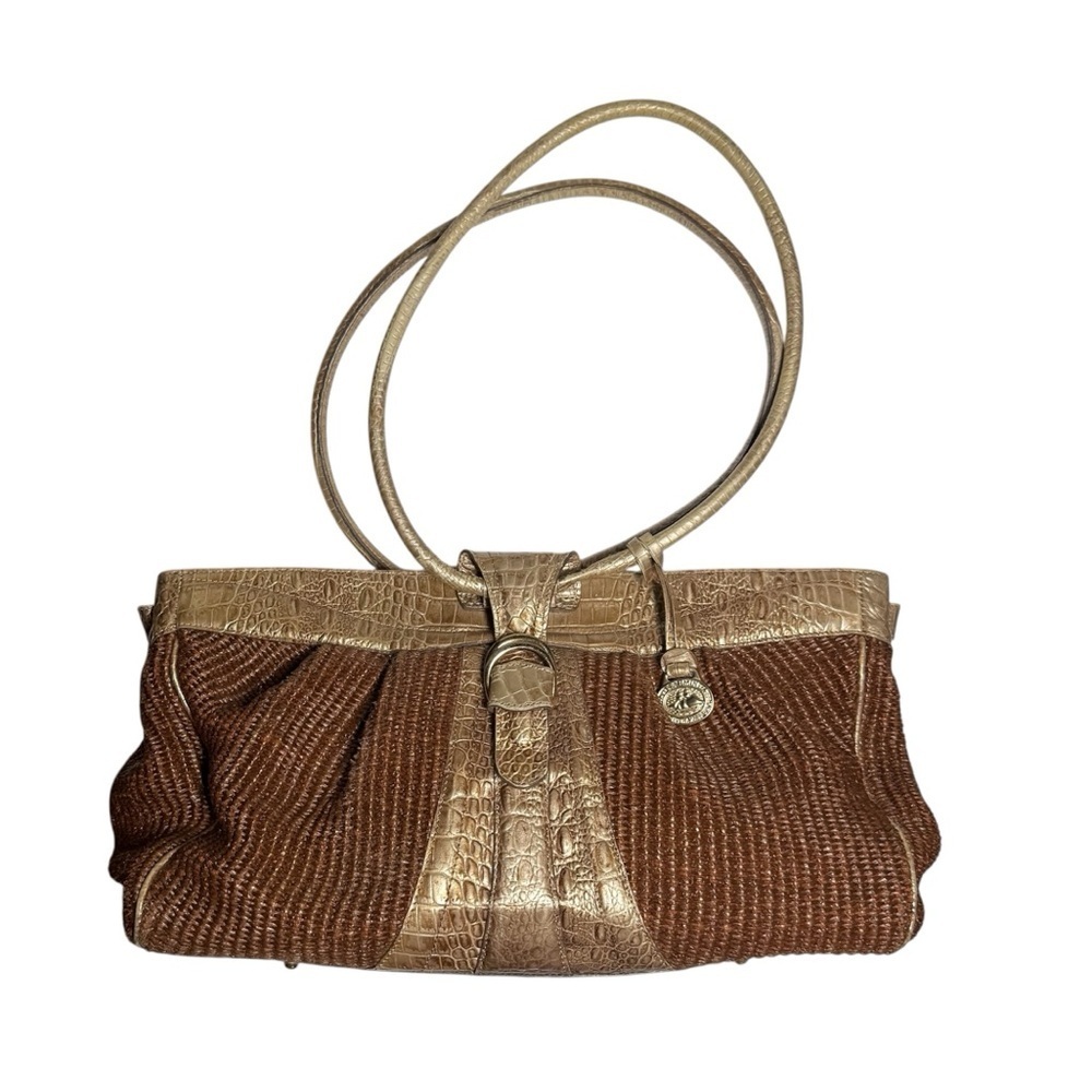 Brahmin Straw Satchel Bag Gold Crocodile Leather Brown Croc Shimmer